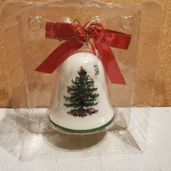 Vintage Spode Christmas Tree Bell Ornament With Red Ribbon England NOS Santa - Picture 1 of 7